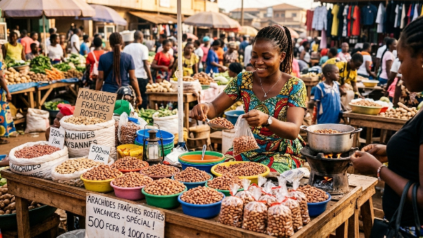 Une jeune vendeuse d’arachides tient son étal dans un marché de Yaoundé pendant les vacances