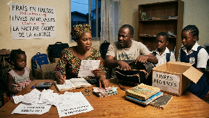 Cahiers, chaussures et uniformes disposés sur une table familiale avant la rentrée scolaire.