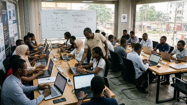 Des jeunes travaillent sur leurs ordinateurs pendant une formation à l’intelligence artificielle