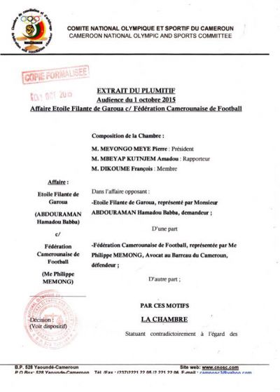 Victoire de Abdouraman : la décision de la CCA