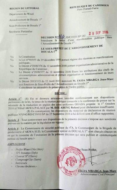 Douala 1er: le sous-préfet interdit une conférence de presse