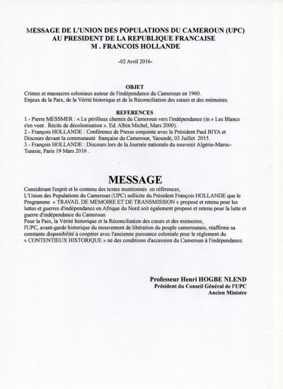 François Hollande répond à Henri Hogbé Nlend de l’UPC